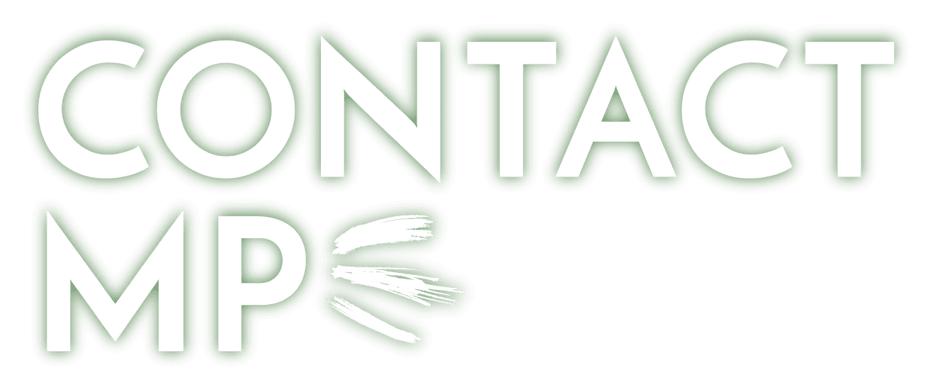 'Contact MP' white graphic outlined in green over transparent background