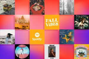 5 x 4 grid. features cover art of pixies, vampire weekend, Spotify in between red and purple gradient blocks